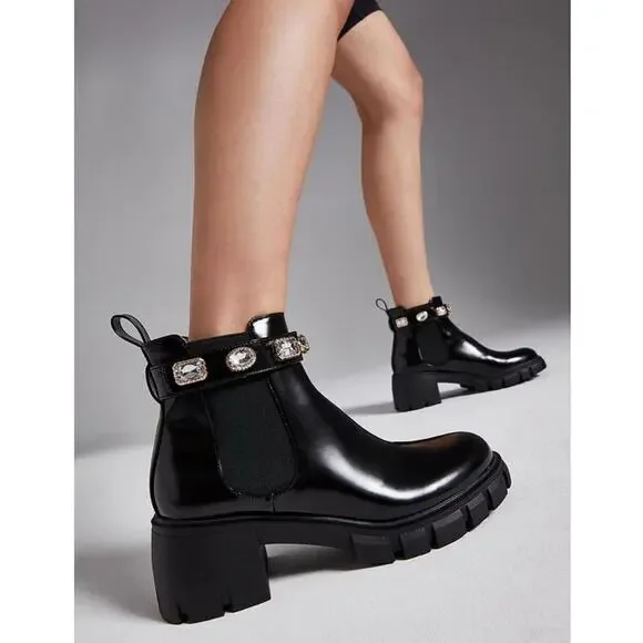 Steve Madden Amulet Jewel Lug Sole Chunky Block Heel Combat Platform Booties - Picture 3 of 7